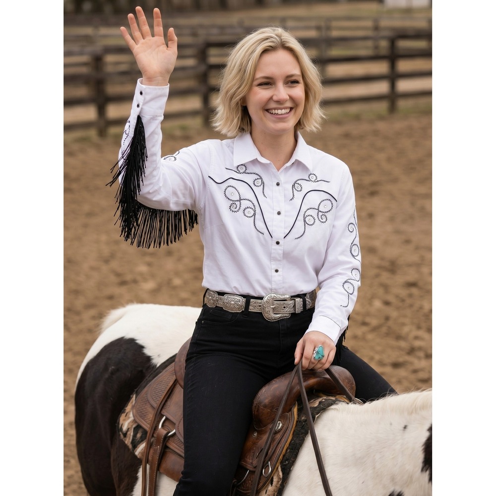 Western Snap Shirt White Black Fringe Rhinestone XS Long Sleeve Cowgirl Rodeo